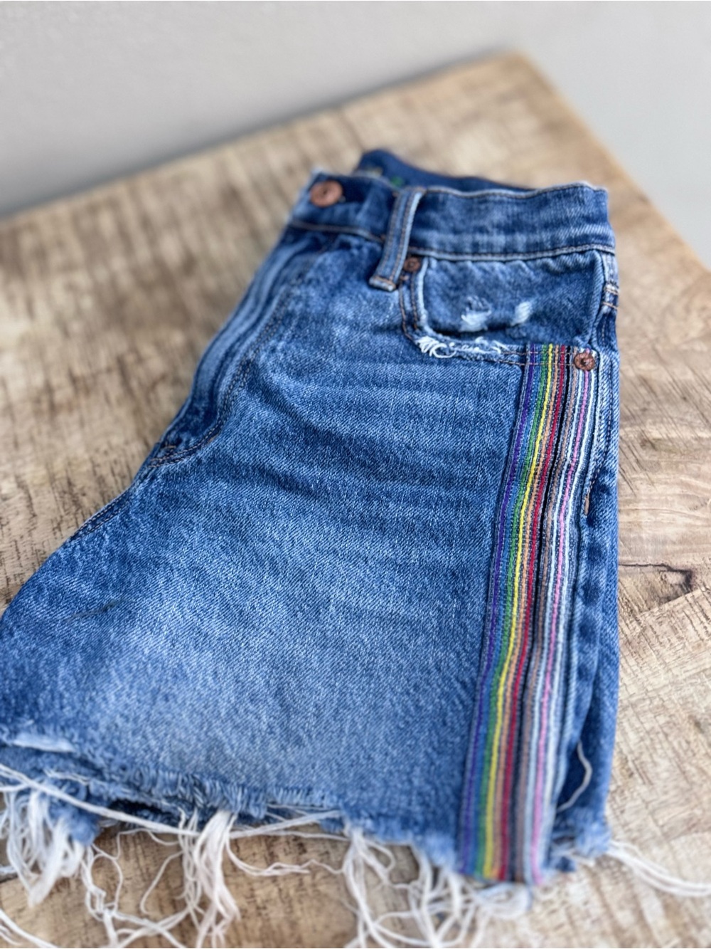 American Eagle Outfitters Blue Denim Mini Skirt with Rainbow Logo